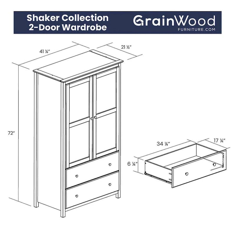 Grain Wood Furniture Shaker Armoire 2 portes en bois massif - 41x72x22