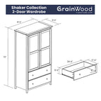Grain Wood Furniture Shaker Armoire 2 portes en bois massif - 41x72x22