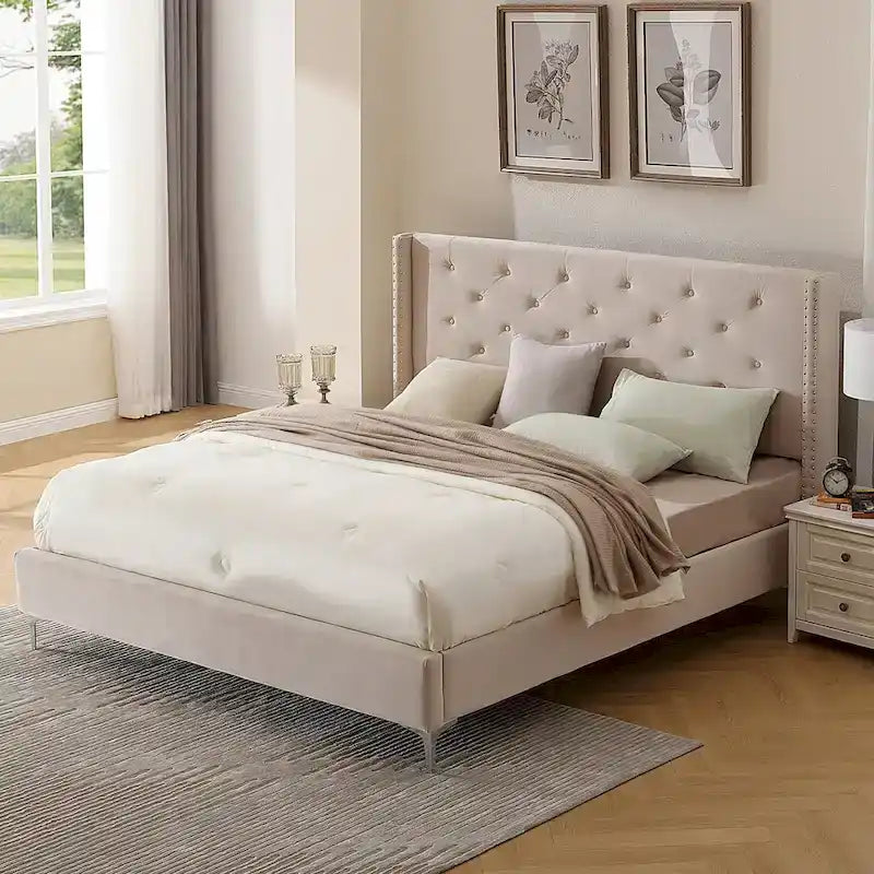 Lit plateforme tapissé en velours California King