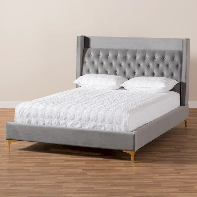 Lit plateforme glamour capitonné en velours contemporain