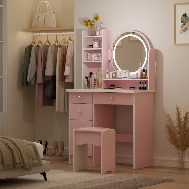 Coiffeuse de maquillage à 5 tiroirs avec miroir lumineux (ROSE/NOIR) - 52H