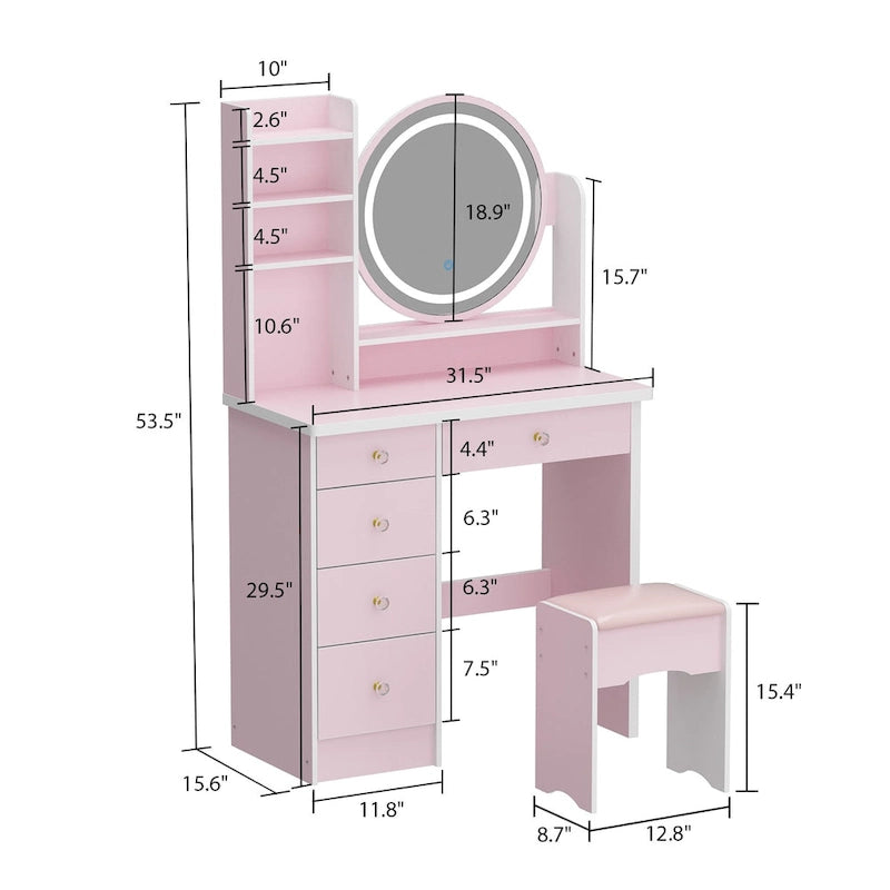 Coiffeuse de maquillage à 5 tiroirs avec miroir lumineux (ROSE/NOIR) - 52H