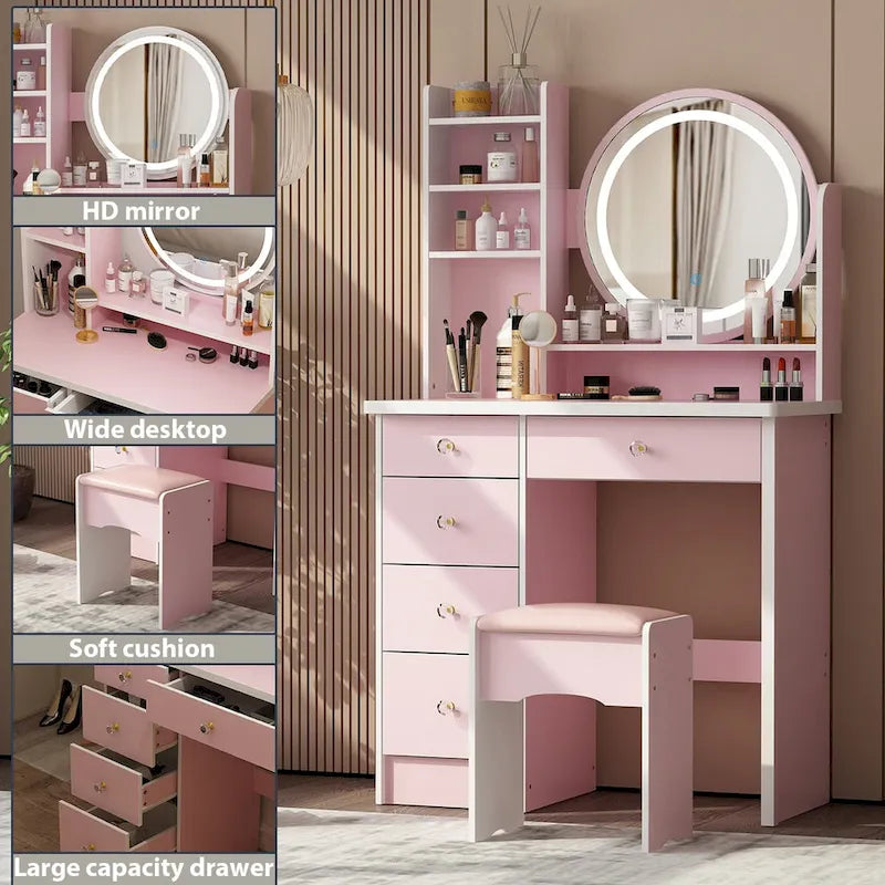 Coiffeuse de maquillage à 5 tiroirs avec miroir lumineux (ROSE/NOIR) - 52H