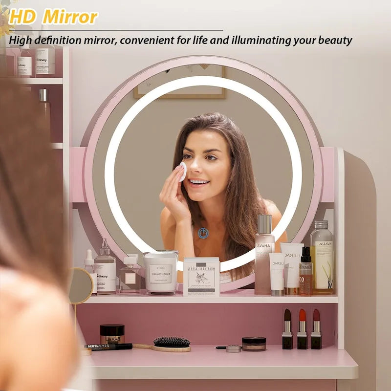 Coiffeuse de maquillage à 5 tiroirs avec miroir lumineux (ROSE/NOIR) - 52H