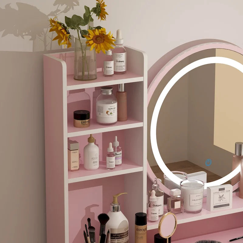 Coiffeuse de maquillage à 5 tiroirs avec miroir lumineux (ROSE/NOIR) - 52H