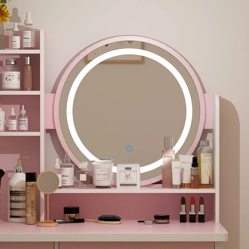 Coiffeuse de maquillage à 5 tiroirs avec miroir lumineux (ROSE/NOIR) - 52H