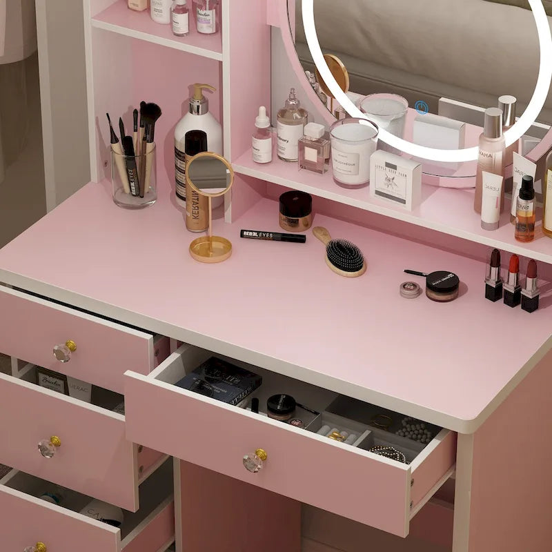 Coiffeuse de maquillage à 5 tiroirs avec miroir lumineux (ROSE/NOIR) - 52H
