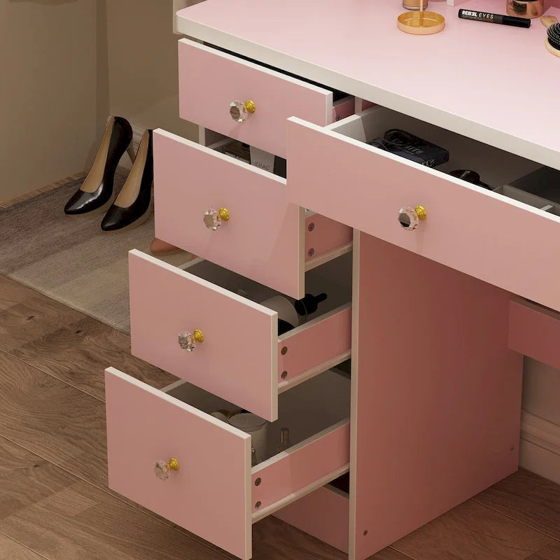 Coiffeuse de maquillage à 5 tiroirs avec miroir lumineux (ROSE/NOIR) - 52H