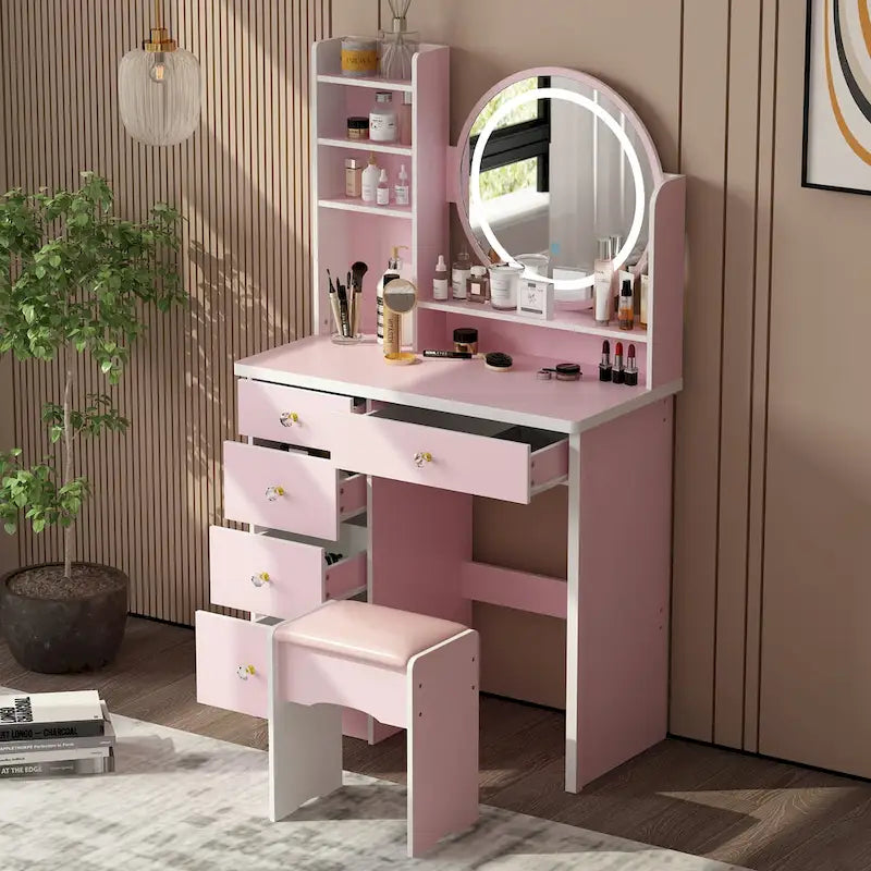 Coiffeuse de maquillage à 5 tiroirs avec miroir lumineux (ROSE/NOIR) - 52H