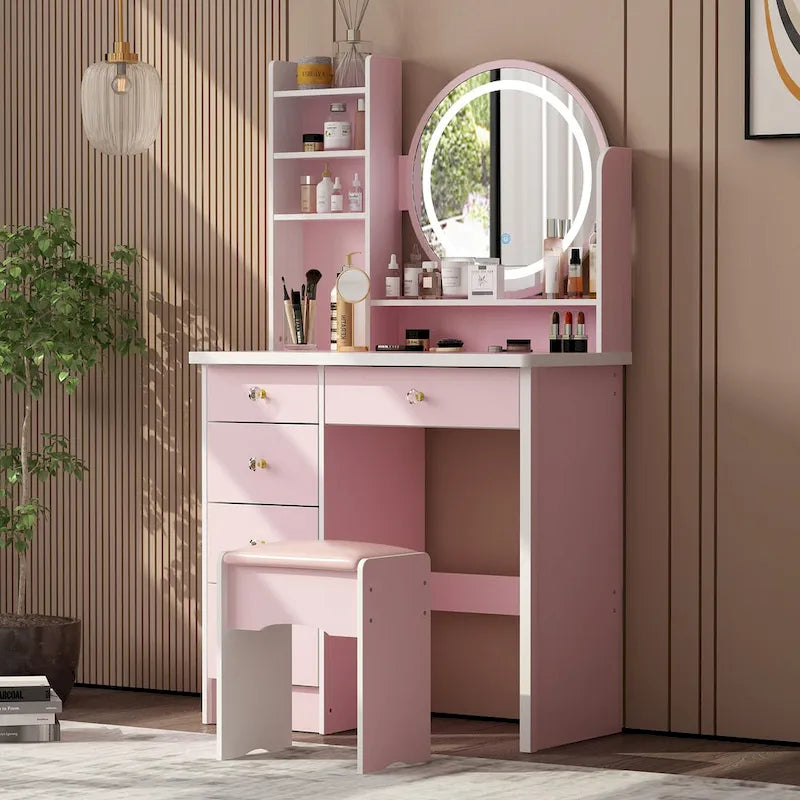 Coiffeuse de maquillage à 5 tiroirs avec miroir lumineux (ROSE/NOIR) - 52H