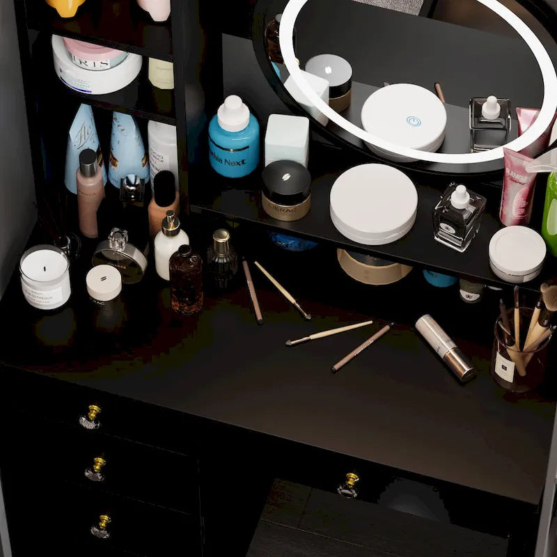 Coiffeuse de maquillage à 5 tiroirs avec miroir lumineux (ROSE/NOIR) - 52H