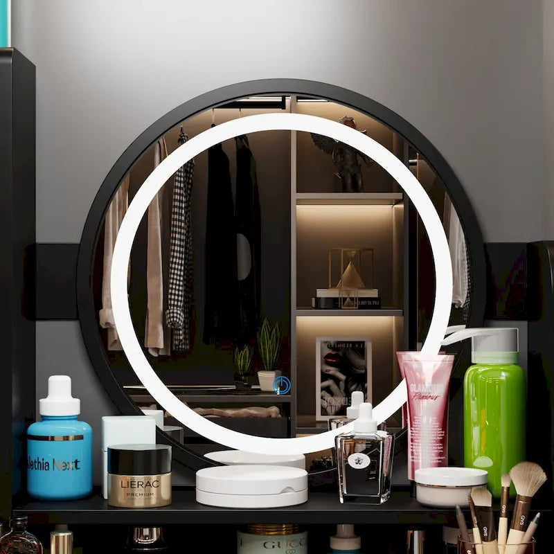 Coiffeuse de maquillage à 5 tiroirs avec miroir lumineux (ROSE/NOIR) - 52H
