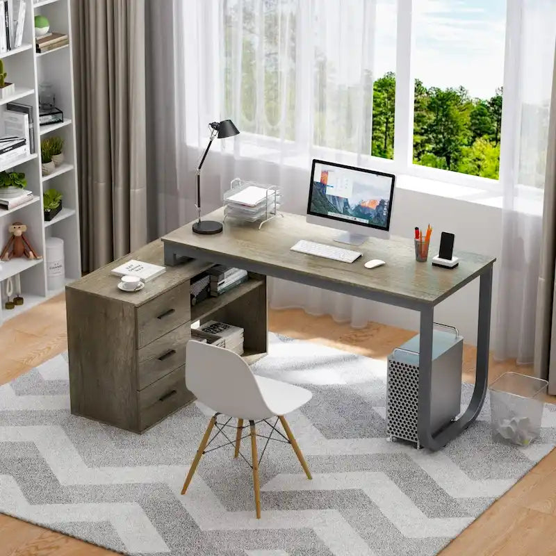 Bureaux d'angle de direction en L à 3 tiroirs avec armoire de rangement