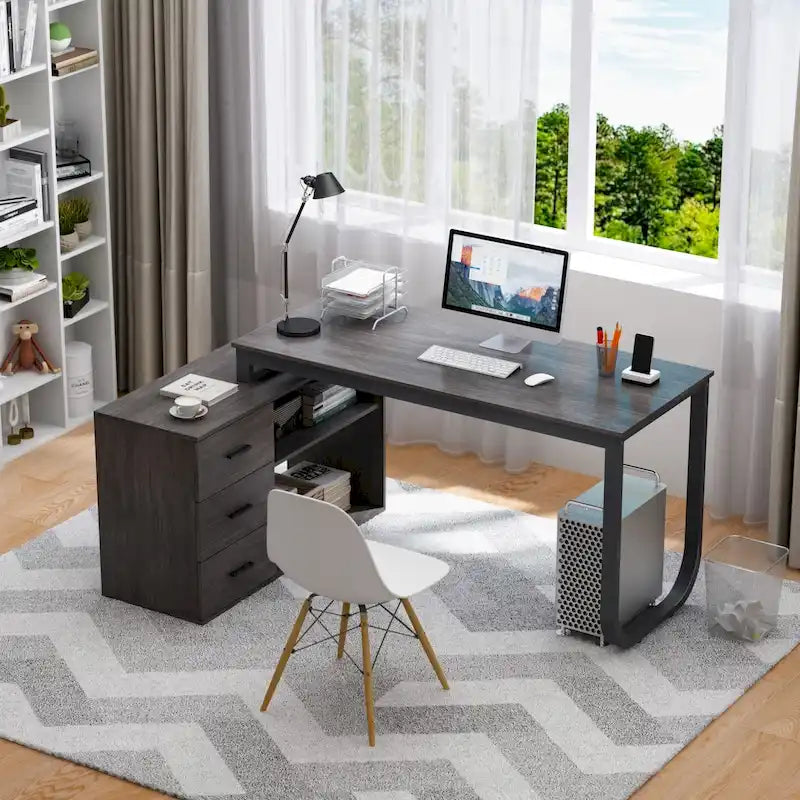 Bureaux d'angle de direction en L à 3 tiroirs avec armoire de rangement