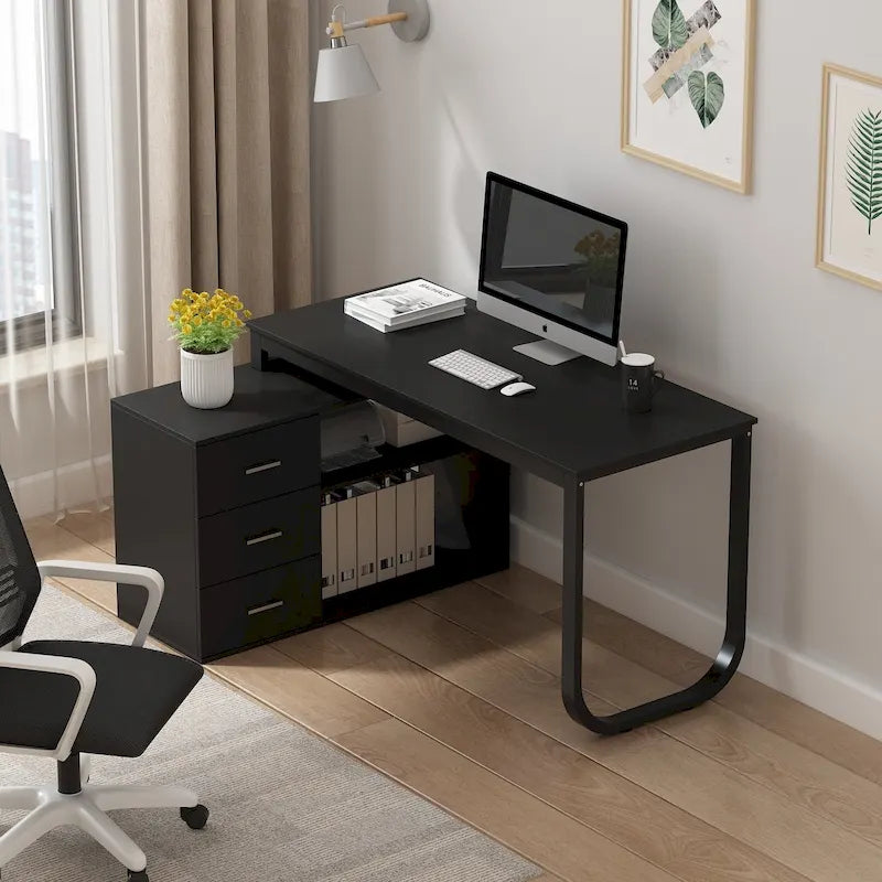 Bureaux d'angle de direction en L à 3 tiroirs avec armoire de rangement