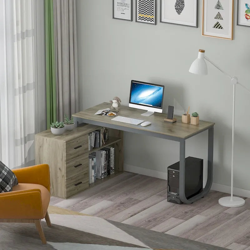 Bureaux d'angle de direction en L à 3 tiroirs avec armoire de rangement
