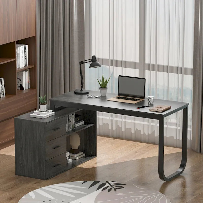 Bureaux d'angle de direction en L à 3 tiroirs avec armoire de rangement