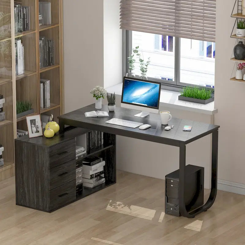 Bureaux d'angle de direction en L à 3 tiroirs avec armoire de rangement