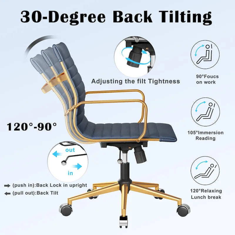 CAROCC Chaise de bureau d'ordinateur côtelée pivotante avec fonction d'inclinaison et de levage, fauteuil de bureau ergonomique en cuir de qualité supérieure