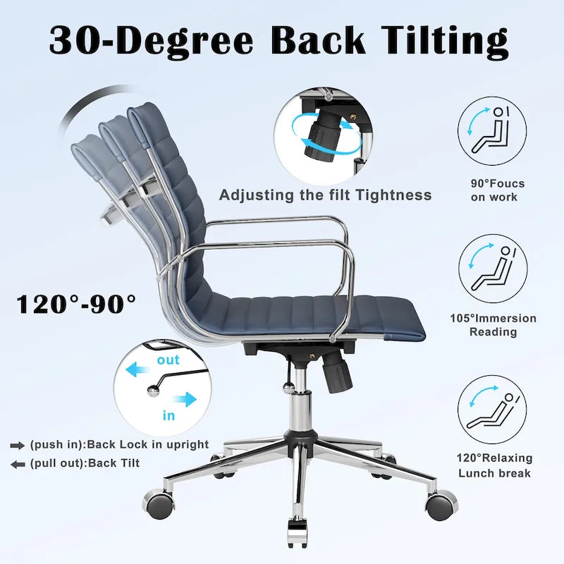 CAROCC Chaise de bureau d'ordinateur côtelée pivotante avec fonction d'inclinaison et de levage, fauteuil de bureau ergonomique en cuir de qualité supérieure
