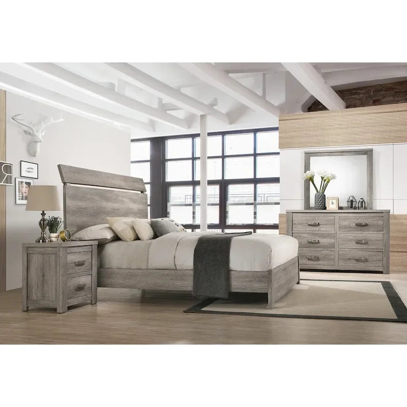 Ensemble de chambre à coucher contemporain Roundhill Furniture Floren en bois gris patiné, avec lit à panneau, commode, miroir, table de nuit et chiffonnier