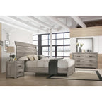 Ensemble de chambre à coucher contemporain Roundhill Furniture Floren en bois gris patiné, avec lit à panneau, commode, miroir, table de nuit et chiffonnier
