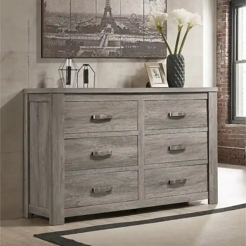 Ensemble de chambre à coucher contemporain Roundhill Furniture Floren en bois gris patiné, avec lit à panneau, commode, miroir, table de nuit et chiffonnier