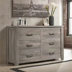 Ensemble de chambre à coucher contemporain Roundhill Furniture Floren en bois gris patiné, avec lit à panneau, commode, miroir, table de nuit et chiffonnier