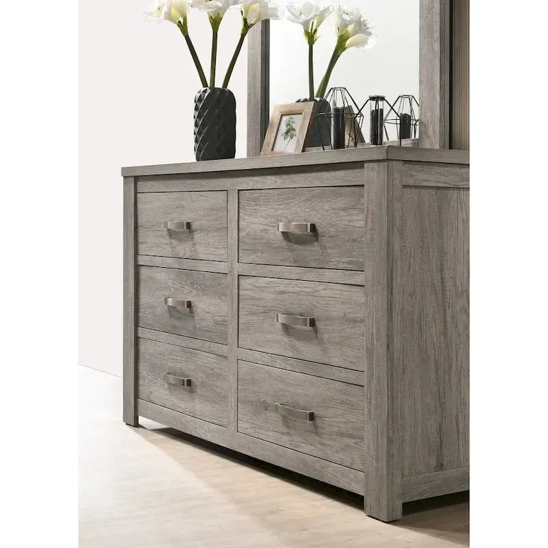 Ensemble de chambre à coucher contemporain Roundhill Furniture Floren en bois gris patiné, avec lit à panneau, commode, miroir, table de nuit et chiffonnier