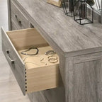 Ensemble de chambre à coucher contemporain Roundhill Furniture Floren en bois gris patiné, avec lit à panneau, commode, miroir, table de nuit et chiffonnier