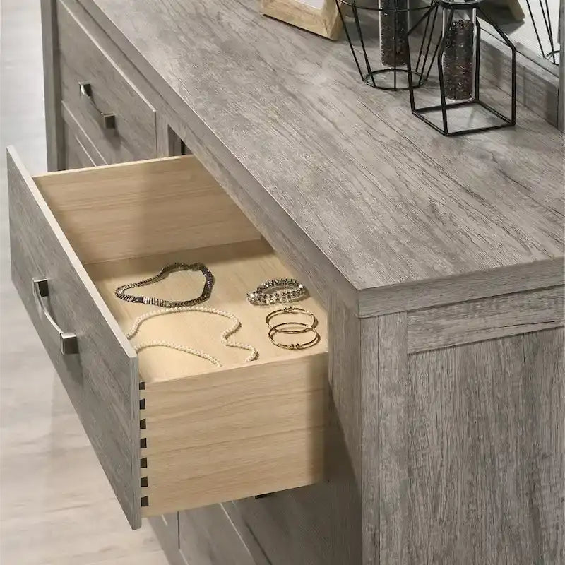 Ensemble de chambre à coucher contemporain Roundhill Furniture Floren en bois gris patiné, avec lit à panneau, commode, miroir, table de nuit et chiffonnier
