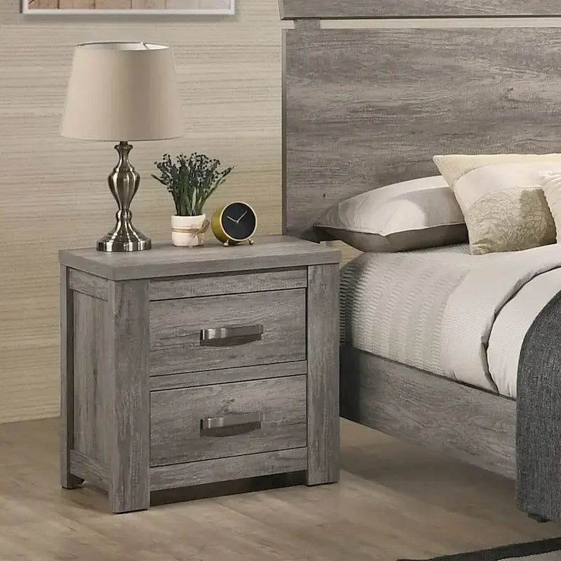 Ensemble de chambre à coucher contemporain Roundhill Furniture Floren en bois gris patiné, avec lit à panneau, commode, miroir, table de nuit et chiffonnier