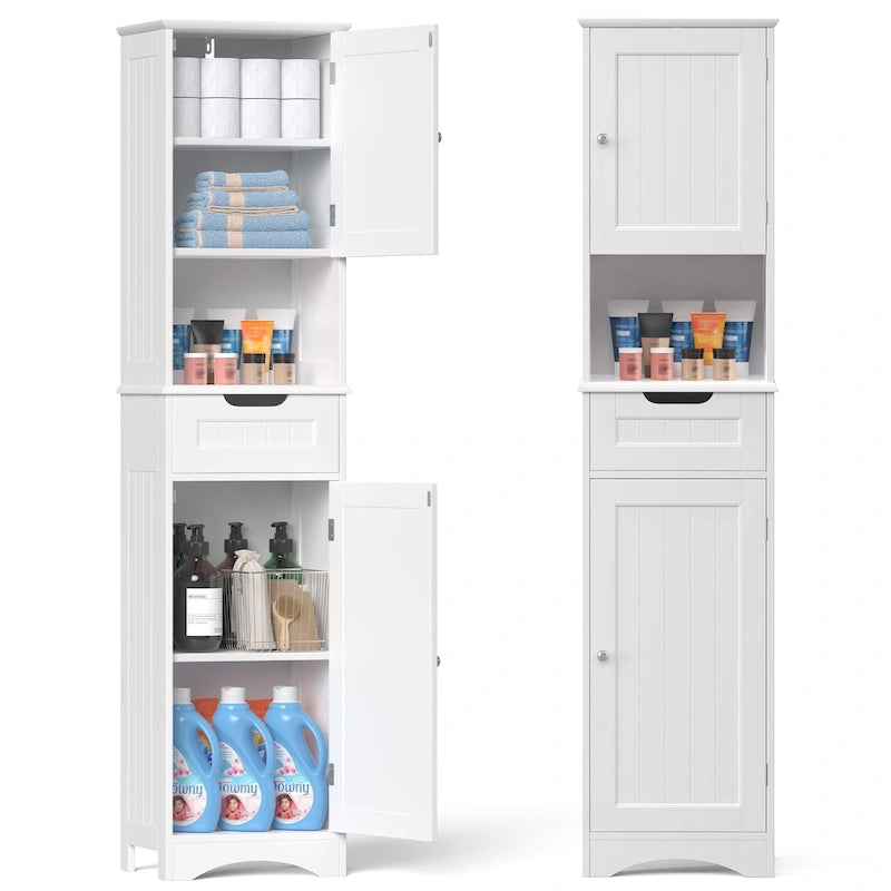 Armoire de salle de bain étroite et haute de 170 cm, armoire de rangement autoportante à 5 niveaux en bois massif