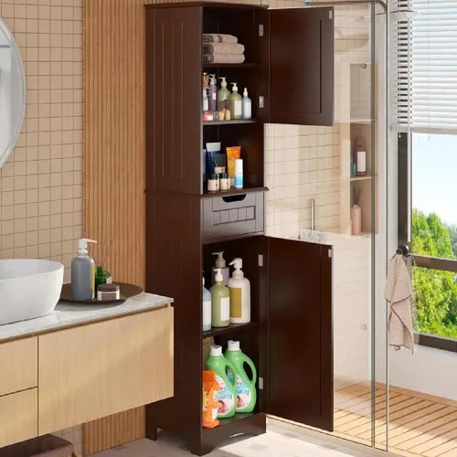 Armoire de salle de bain étroite et haute de 170 cm, armoire de rangement autoportante à 5 niveaux en bois massif