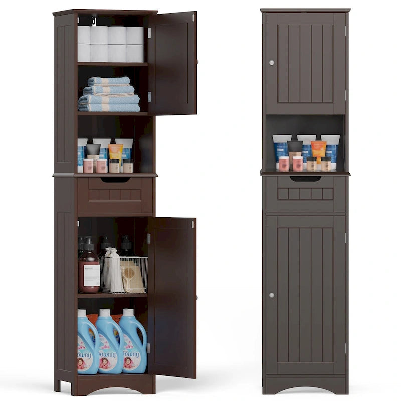 Armoire de salle de bain étroite et haute de 170 cm, armoire de rangement autoportante à 5 niveaux en bois massif