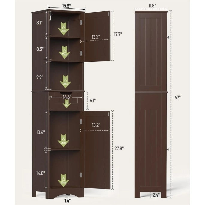 Armoire de salle de bain étroite et haute de 170 cm, armoire de rangement autoportante à 5 niveaux en bois massif