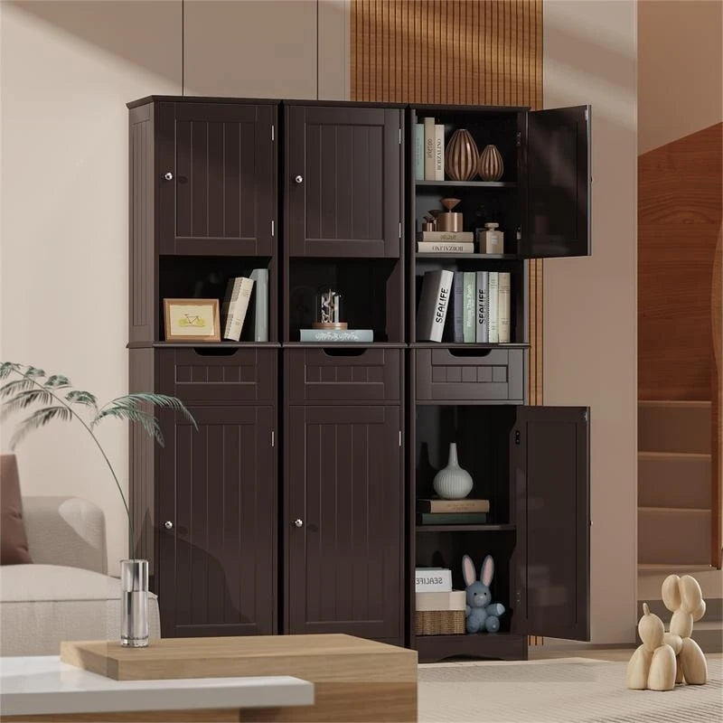 Armoire de salle de bain étroite et haute de 170 cm, armoire de rangement autoportante à 5 niveaux en bois massif
