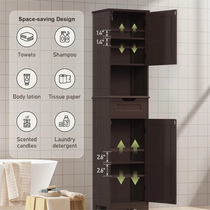 Armoire de salle de bain étroite et haute de 170 cm, armoire de rangement autoportante à 5 niveaux en bois massif