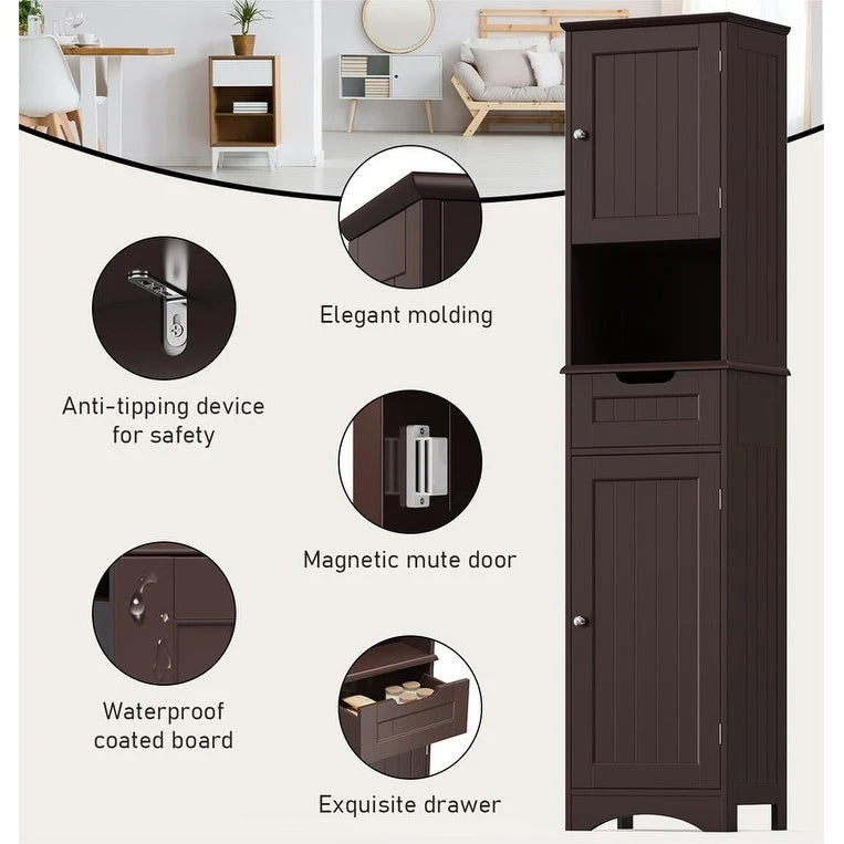 Armoire de salle de bain étroite et haute de 170 cm, armoire de rangement autoportante à 5 niveaux en bois massif