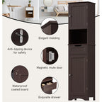 Armoire de salle de bain étroite et haute de 170 cm, armoire de rangement autoportante à 5 niveaux en bois massif