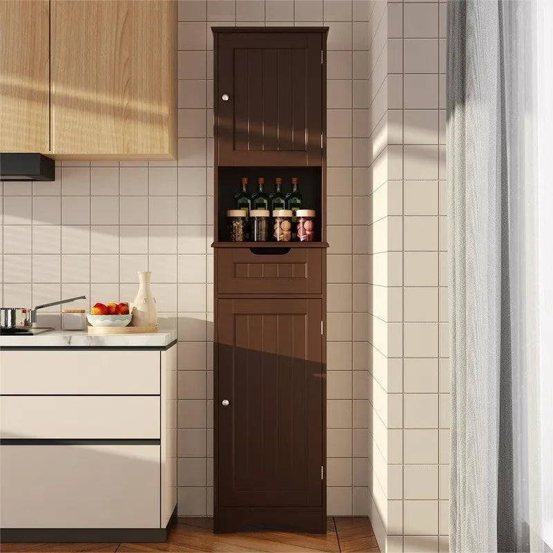 Armoire de salle de bain étroite et haute de 170 cm, armoire de rangement autoportante à 5 niveaux en bois massif