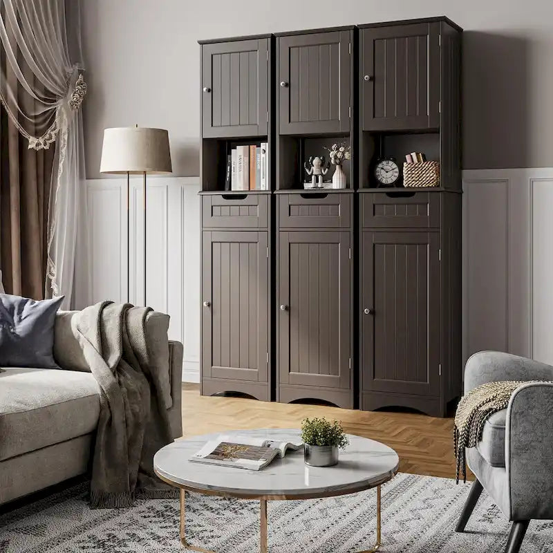 Armoire de salle de bain étroite et haute de 170 cm, armoire de rangement autoportante à 5 niveaux en bois massif