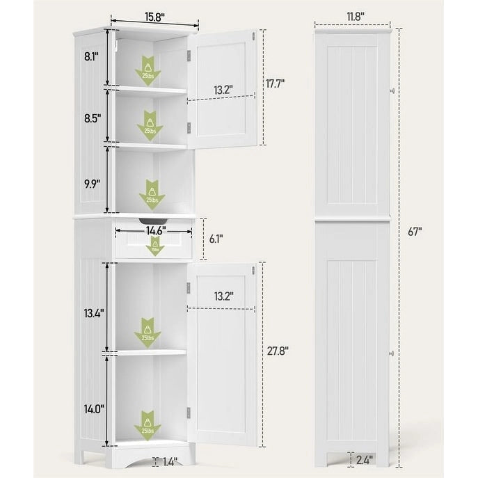 Armoire de salle de bain étroite et haute de 170 cm, armoire de rangement autoportante à 5 niveaux en bois massif