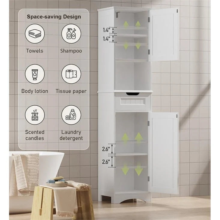 Armoire de salle de bain étroite et haute de 170 cm, armoire de rangement autoportante à 5 niveaux en bois massif
