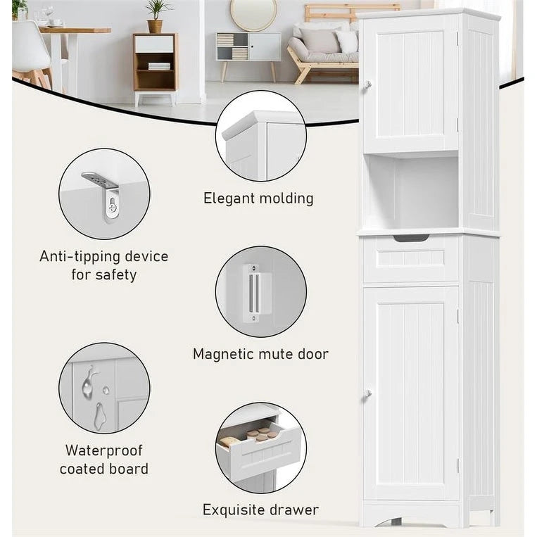 Armoire de salle de bain étroite et haute de 170 cm, armoire de rangement autoportante à 5 niveaux en bois massif