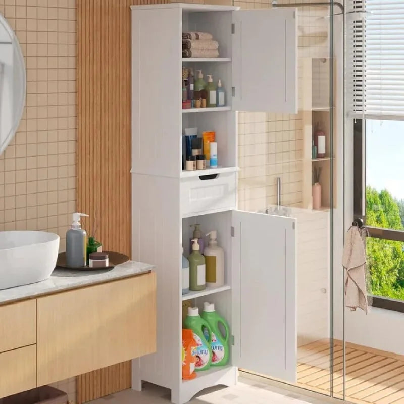 Armoire de salle de bain étroite et haute de 170 cm, armoire de rangement autoportante à 5 niveaux en bois massif