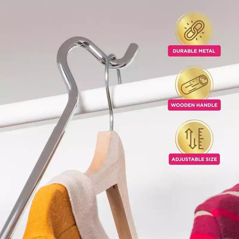 Hold N' Storage - Perche d'atteinte pour placard avec crochet de berger et manche en bois. Réglable de 2,75 à 5 pieds