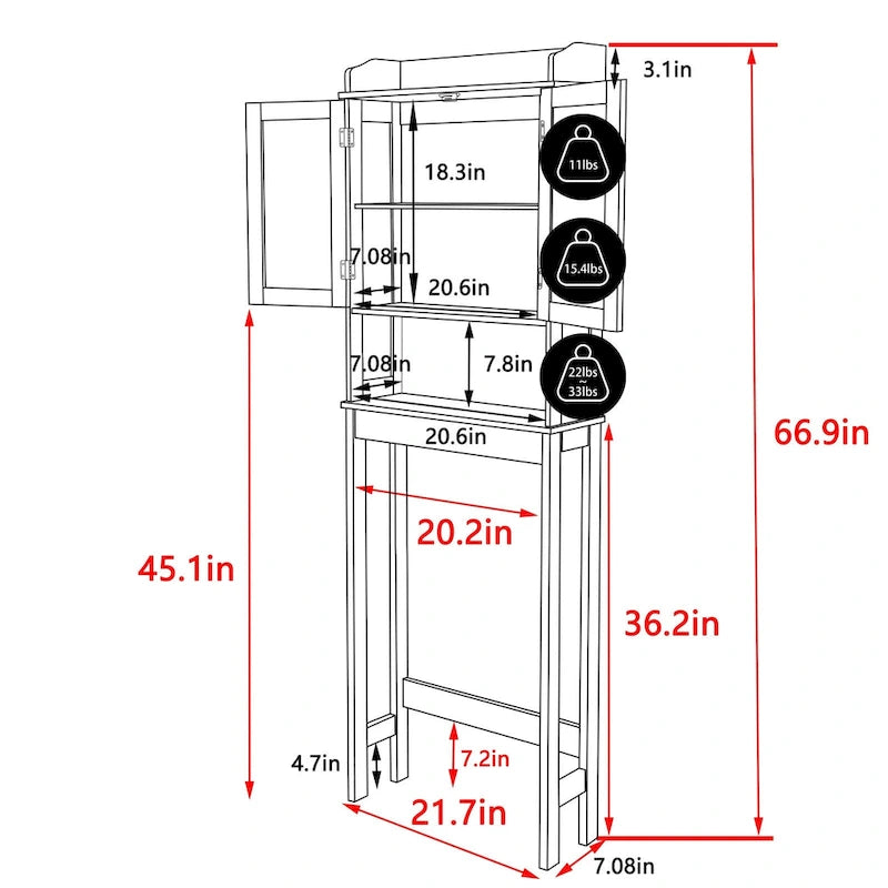 Meuble de rangement de salle de bain VEIKOUS à placer au-dessus des toilettes, avec portes et étagères