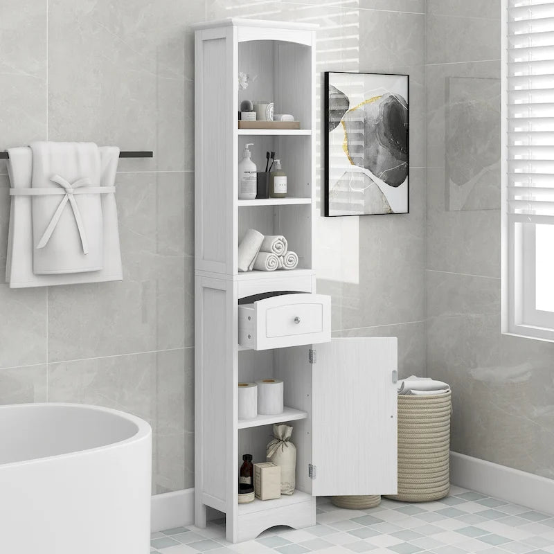 Meuble de rangement de salle de bain moderne blanc avec étagère réglable, tiroir - 34L x 23,1l x 170H cm