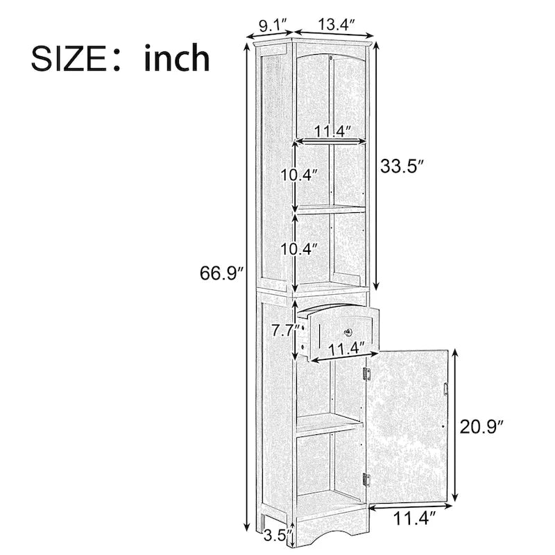 Meuble de rangement de salle de bain moderne blanc avec étagère réglable, tiroir - 34L x 23,1l x 170H cm
